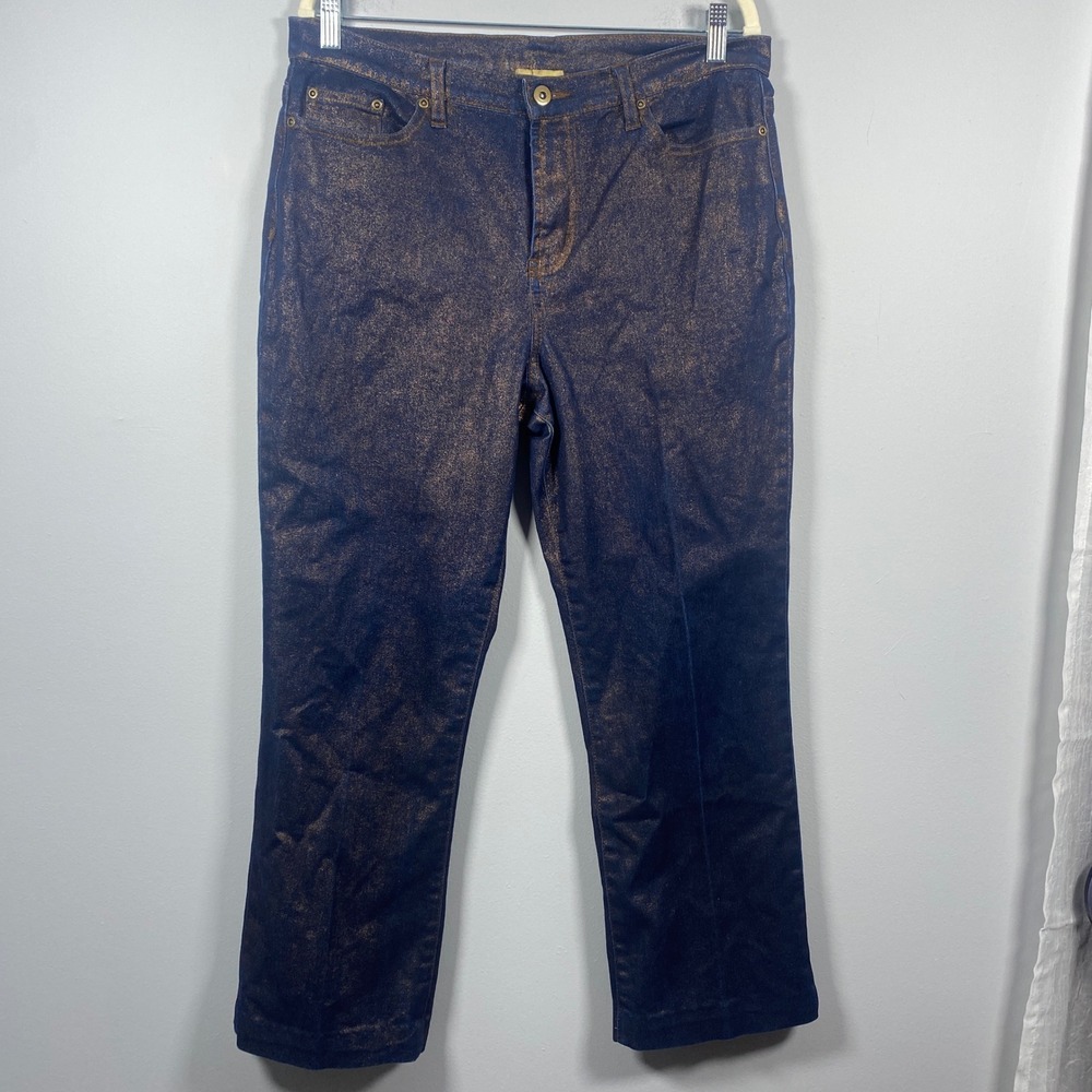 Midnight Velvet Jeans Womens‎ 12 Blue Gold Metallic Shimmer Straight Leg Stretch